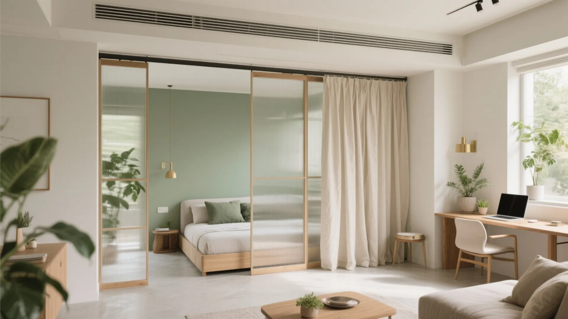 Flexible partitions for a living room that moonlights