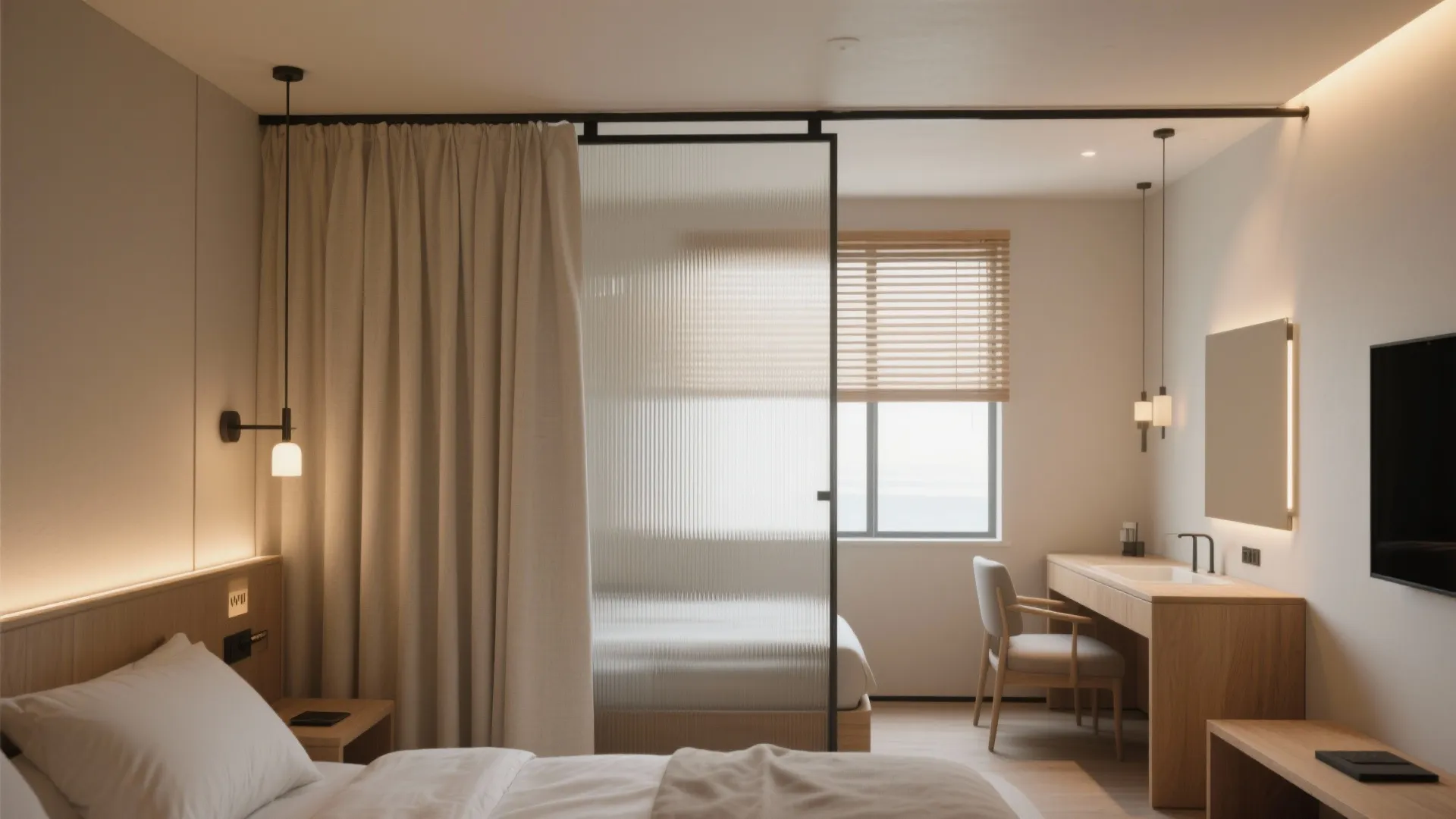 Interior bedroom with glass room divider beige curtain wooden desk wall light and white bedding decor