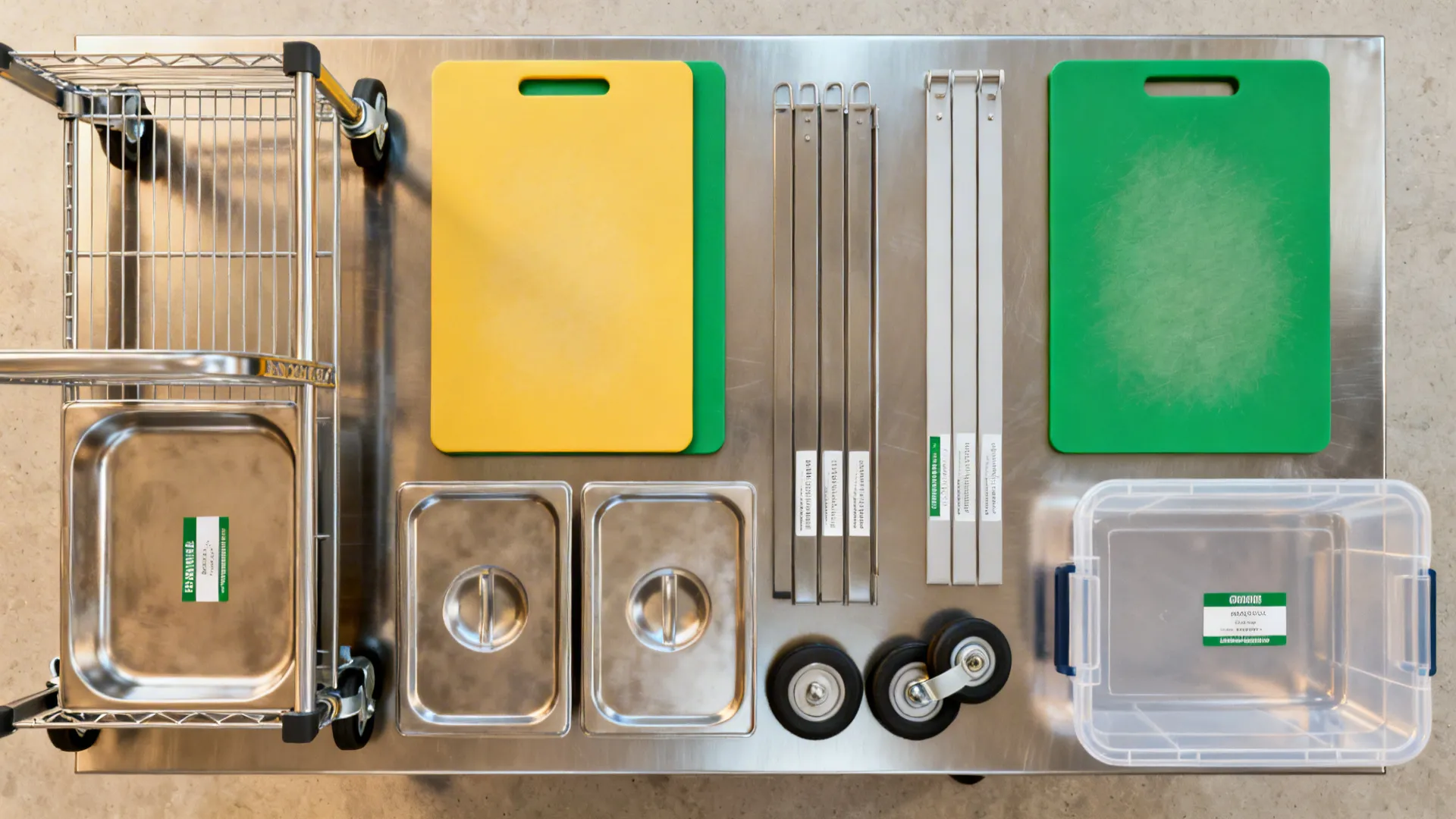 Flat lay of mobile prep table, NSF shelving, cutting boards, pans, and labels.