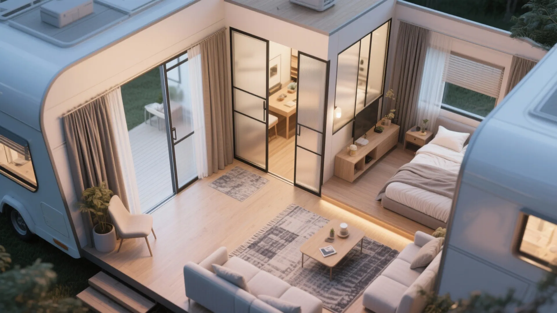 Modern mobile home interior with open living area bedroom space wooden floor and glass doors