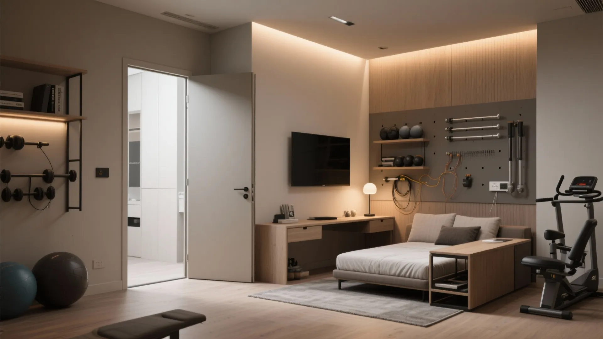 Flexible multi-use room with pocket door, convertible furniture and pre-planned wiring for future conversions