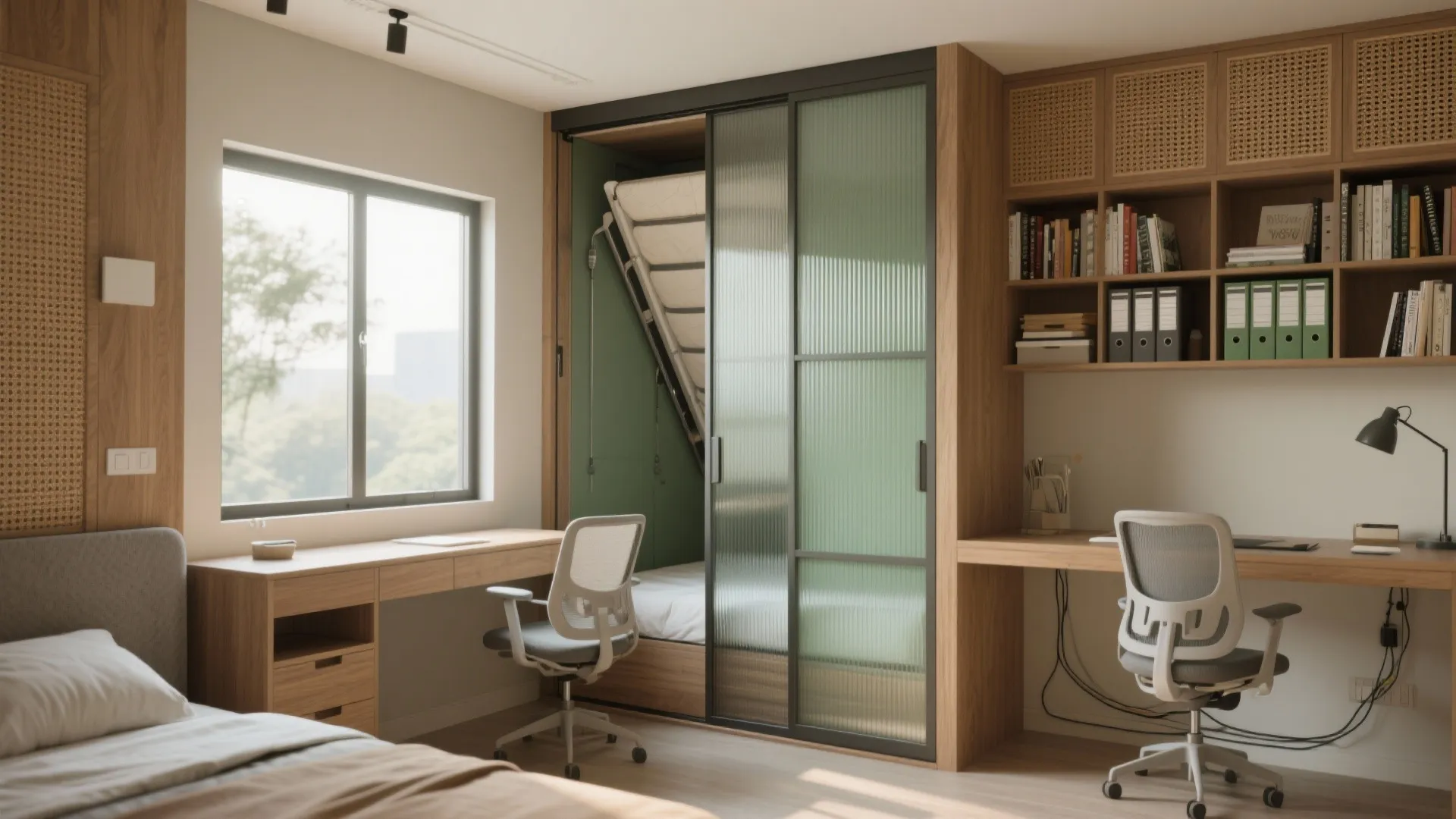 Modern home office with wooden desk and two chairs plus a wall bed and bookshelf