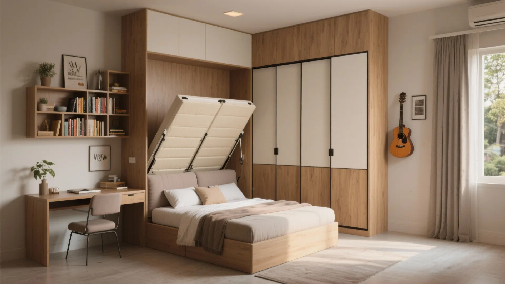 Modern bedroom with wooden wall bed, large white cabinet, desk, chair, guitar, and natural light