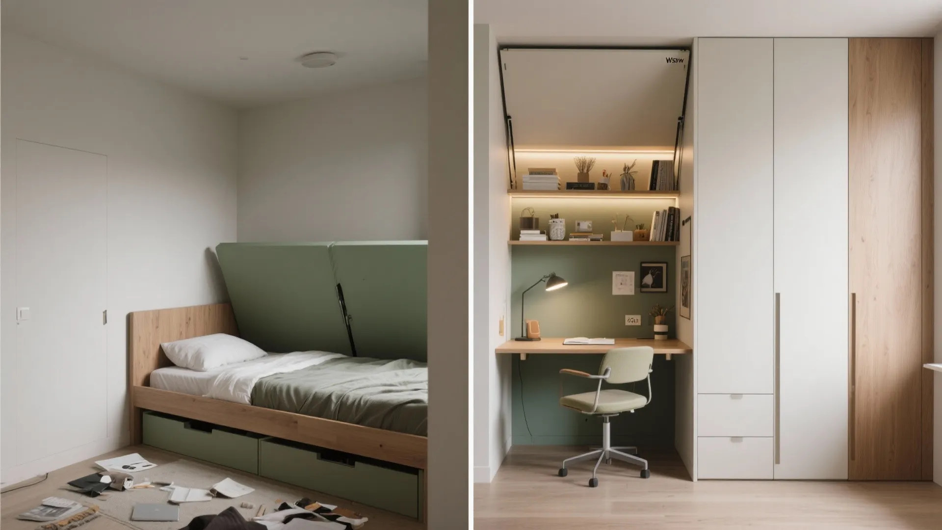 Interior design drawing showing a small bedroom with a bed and a built in desk