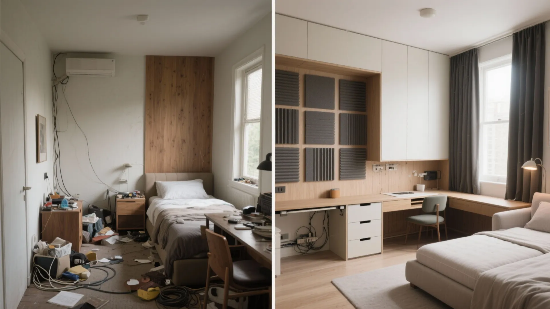 Before and after comparison of a messy bedroom transformed into a clean modern home office
