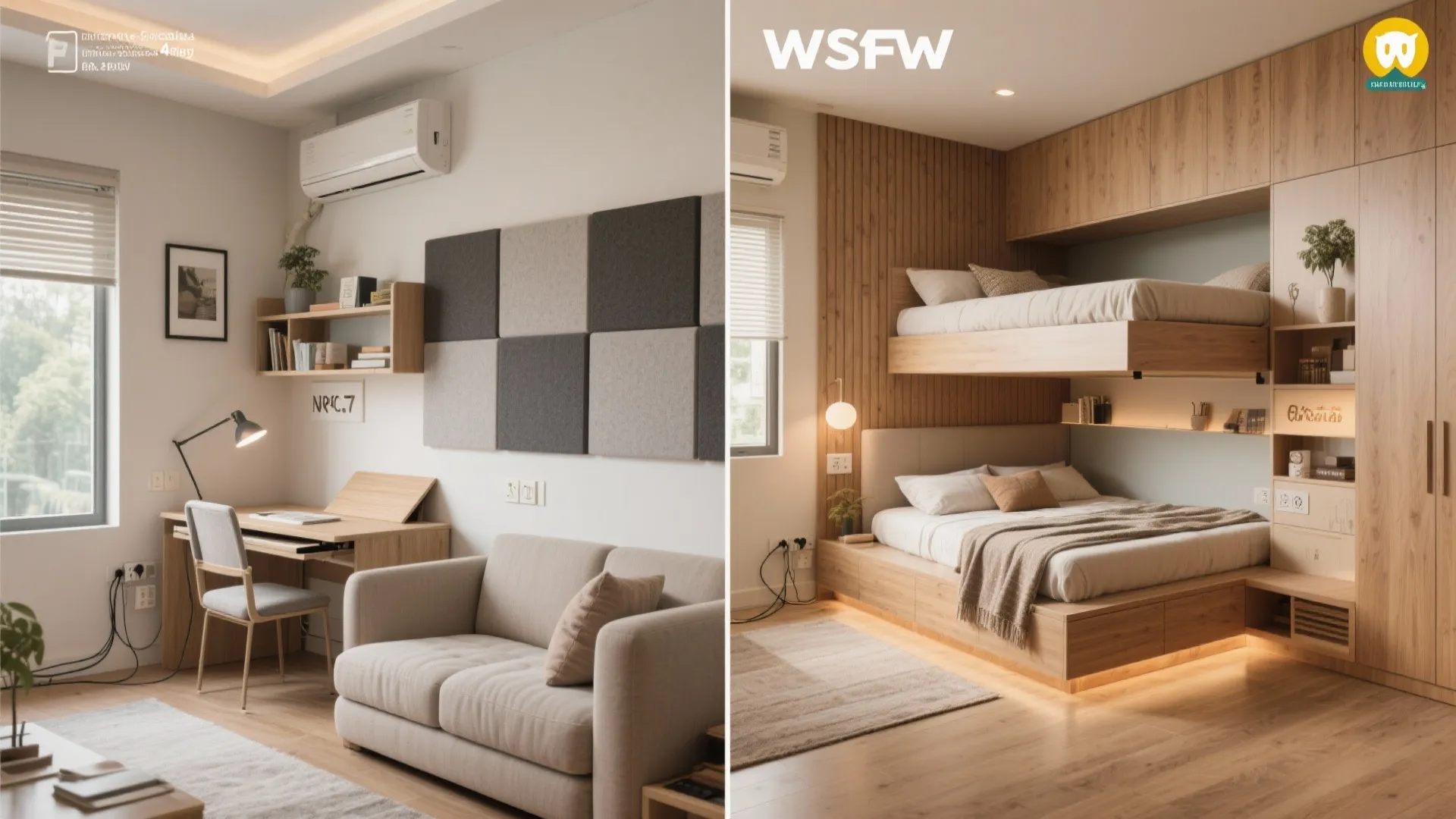 Comparison showing a study room with desk versus a bedroom with wooden bunk bed design