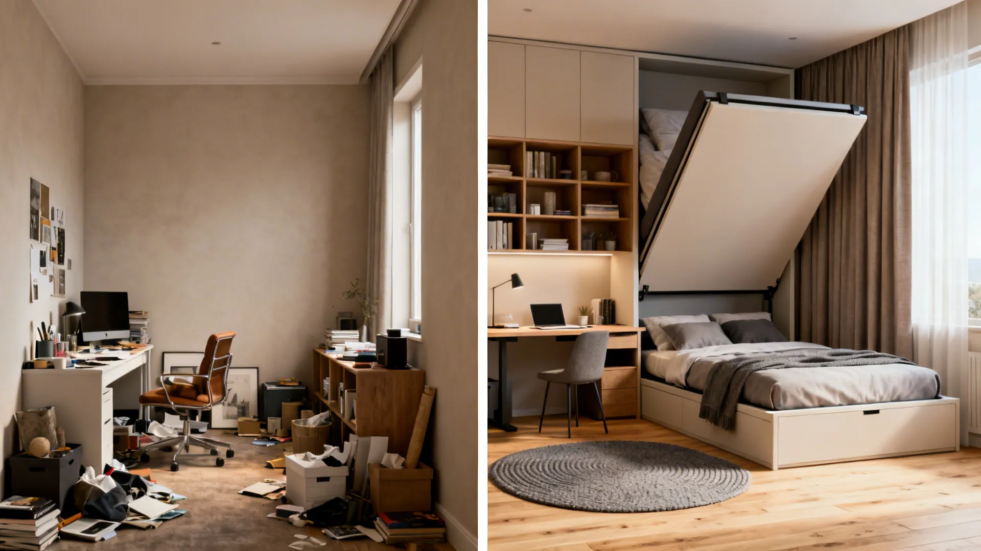 Before: cluttered spare room; After: flex room with wall bed and fold-down desk for office and guest use.