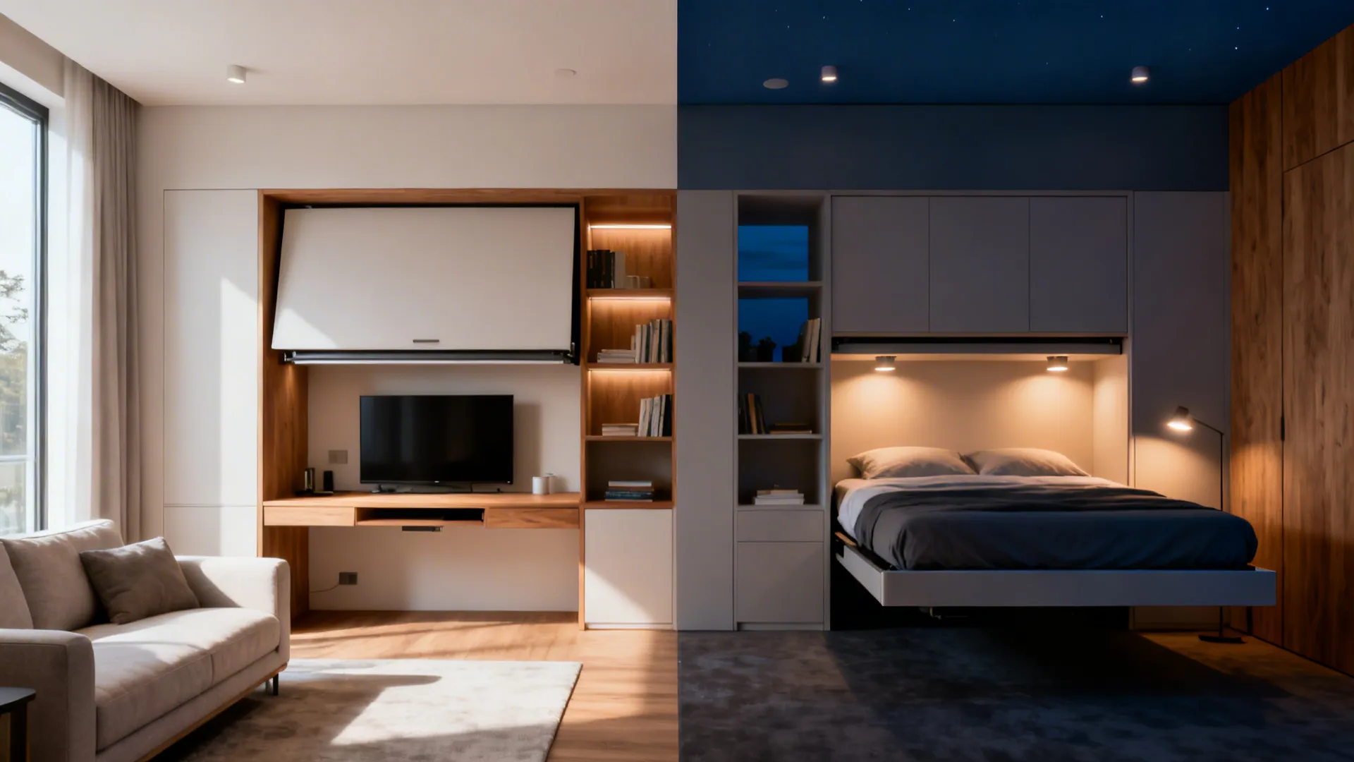 Comparison of a living room during day and bedroom with fold down bed at night