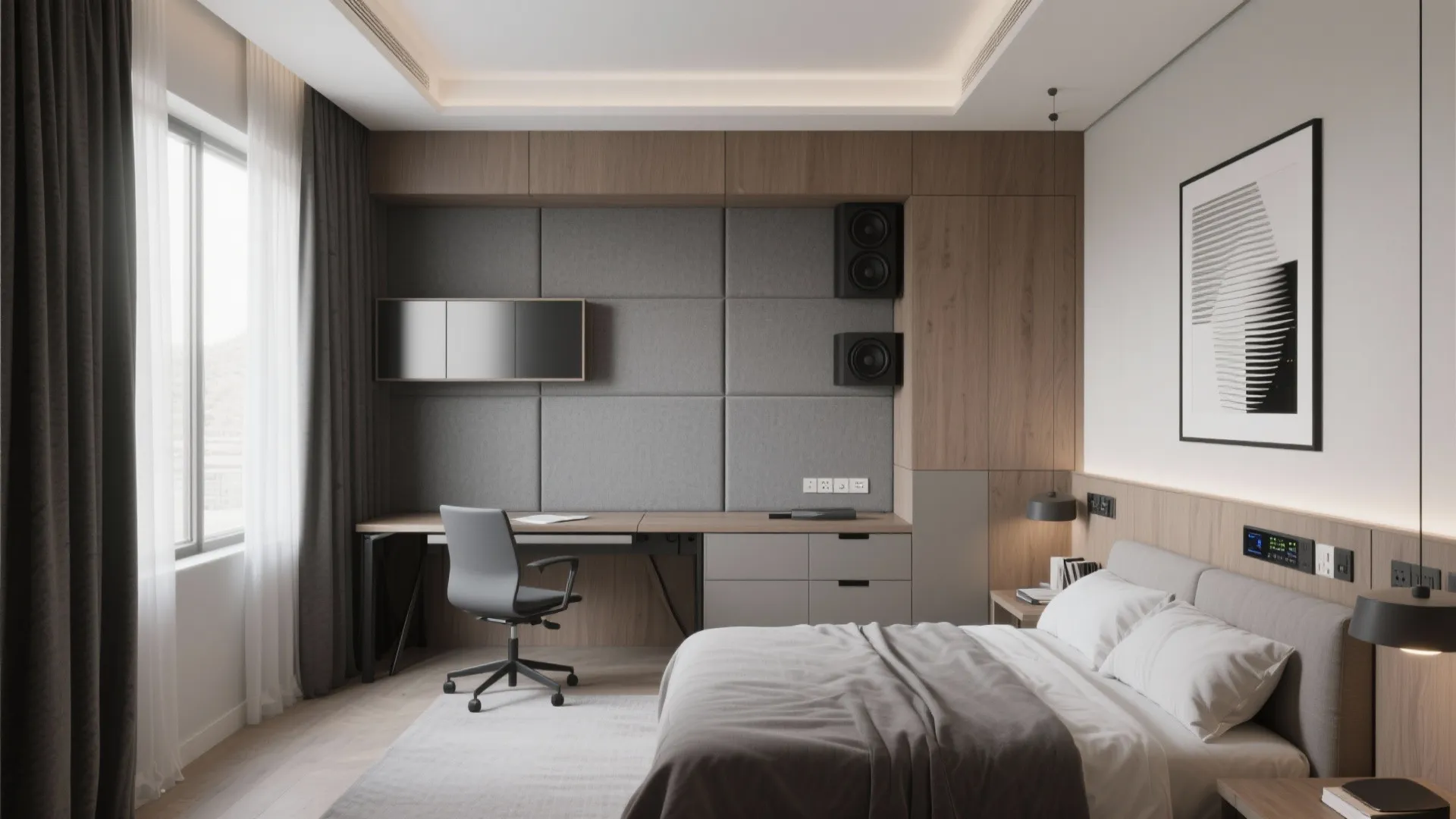 Modern bedroom featuring a built-in desk area with grey wall panel and grey office chair