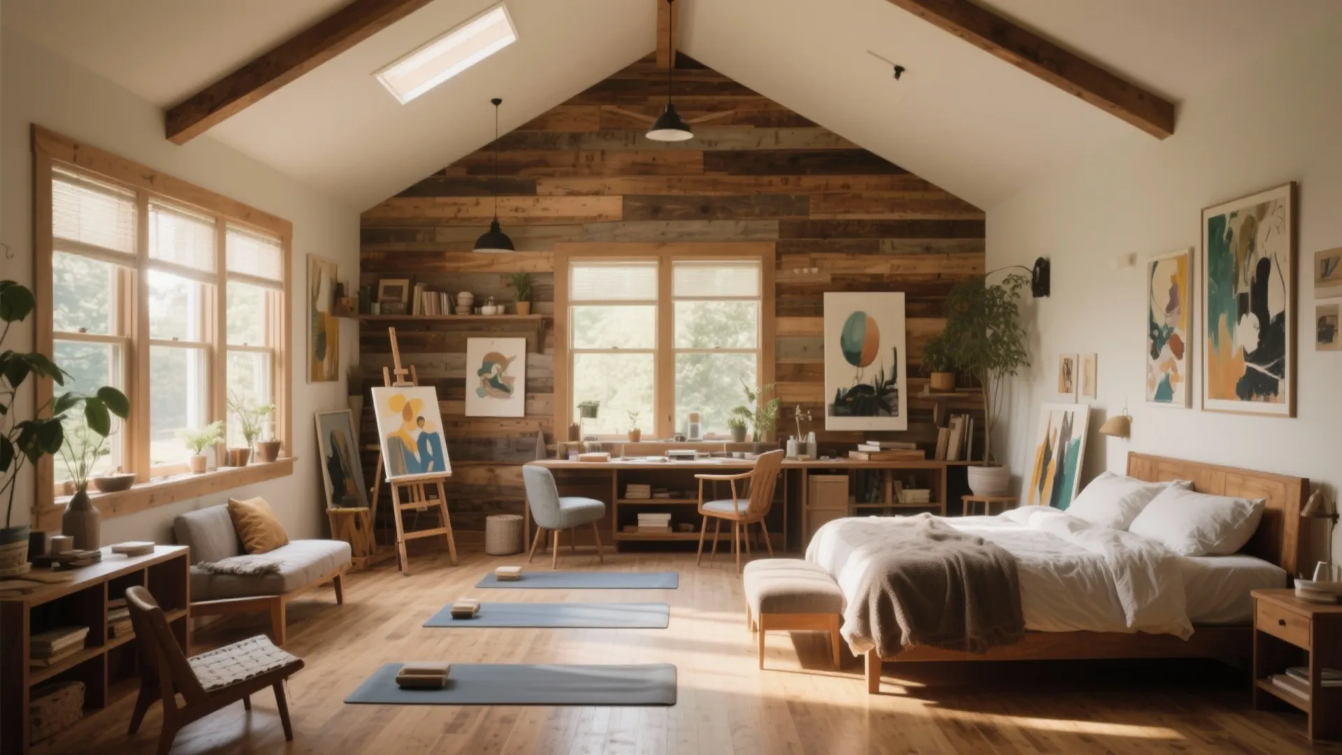 Large multipurpose room with bed yoga mats painting easel and wood wall under high sloped ceiling