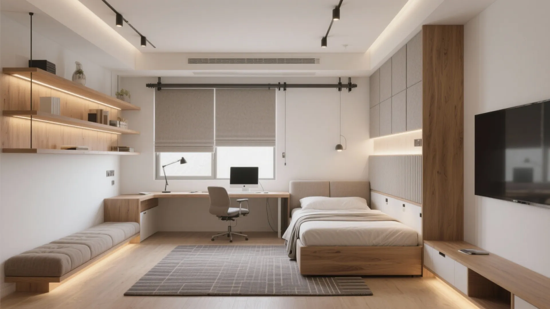 Modern bedroom with wooden desk office chair single bed wall shelves light flooring and natural light