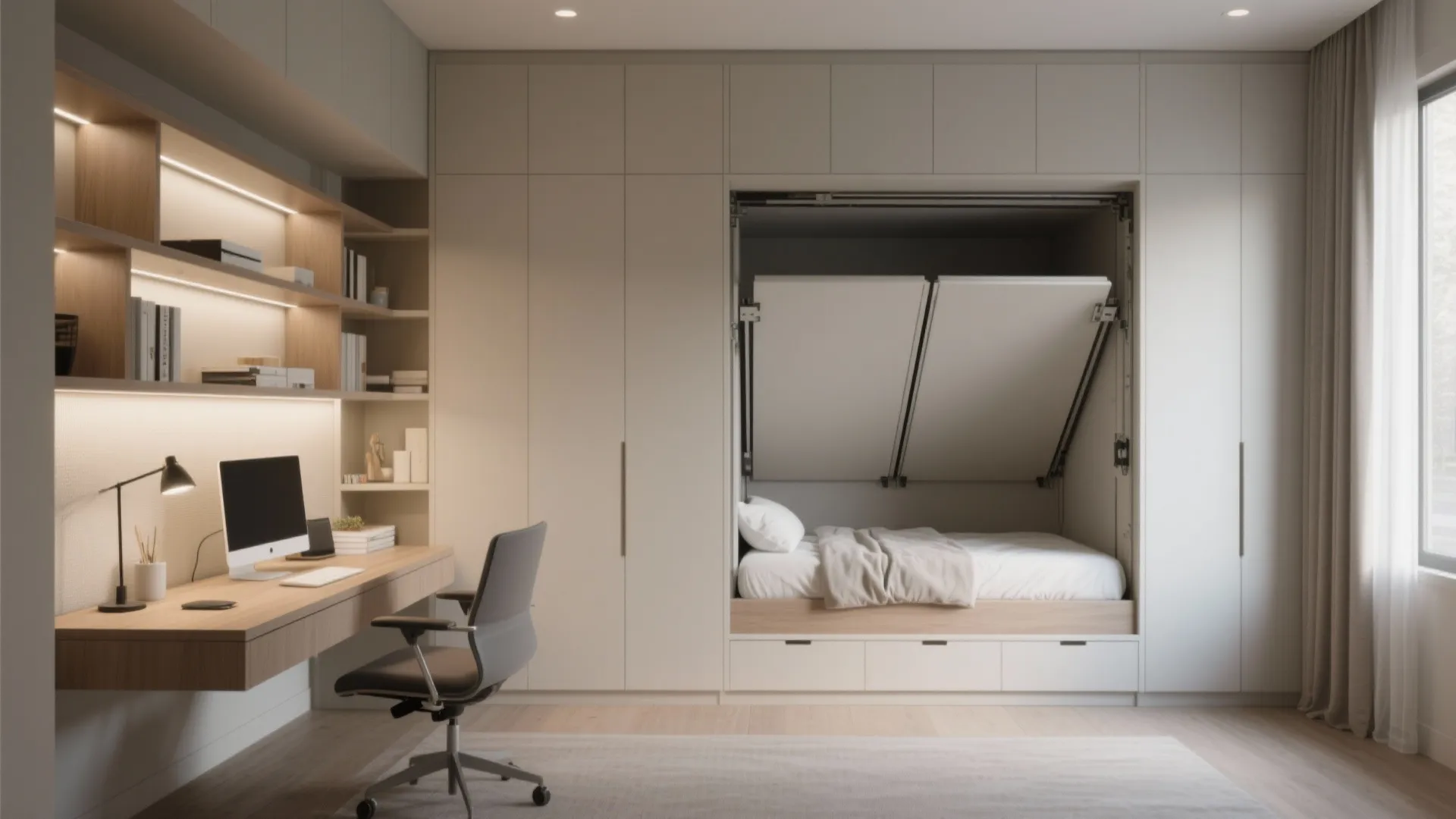 Versatile flex room with a Murphy bed stowed, desk, and built-in storage for office and guest use.
