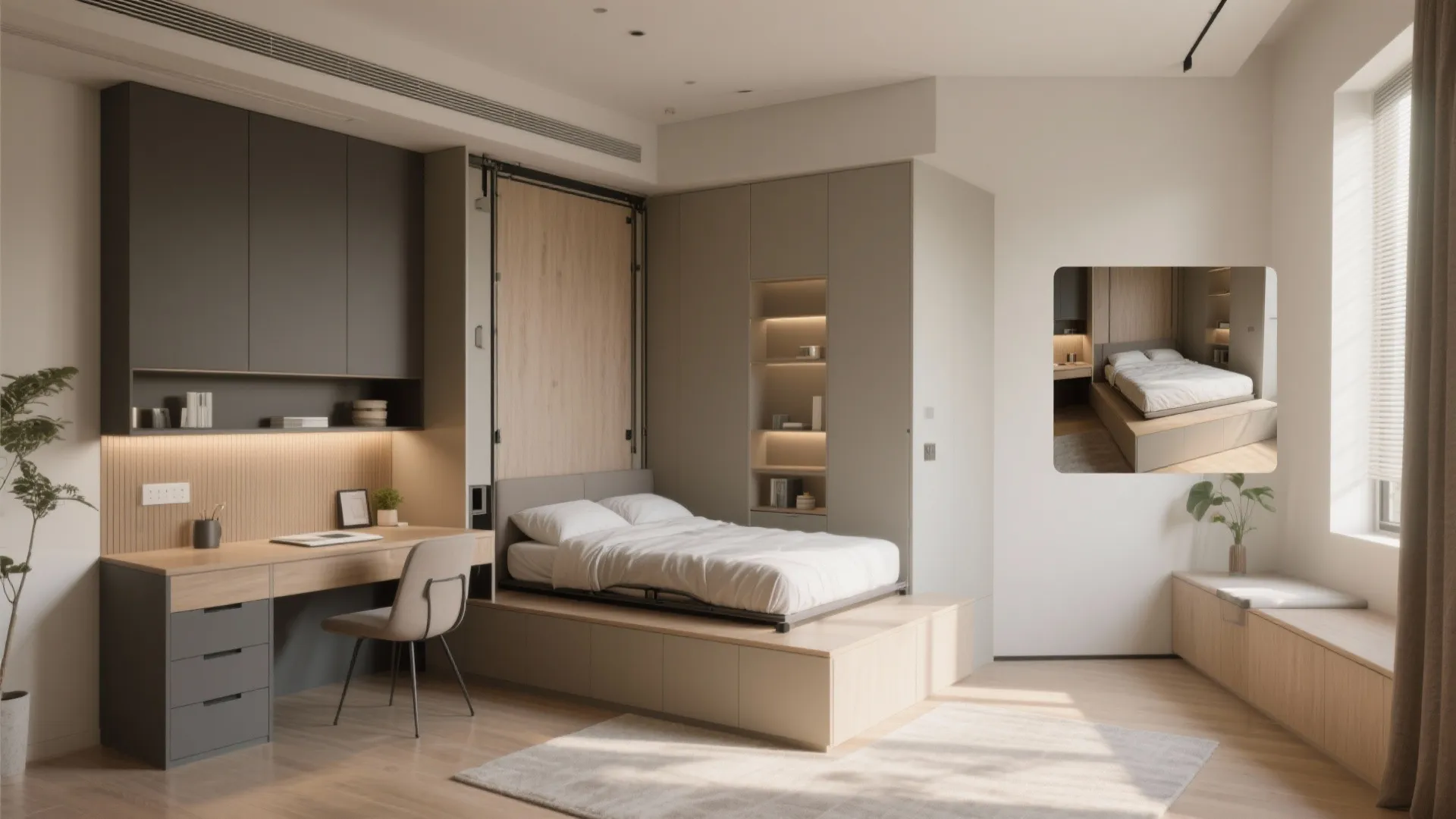Flexible room with a built-in murphy bed and fold-down desk, showing closed cabinetry and efficient storage.