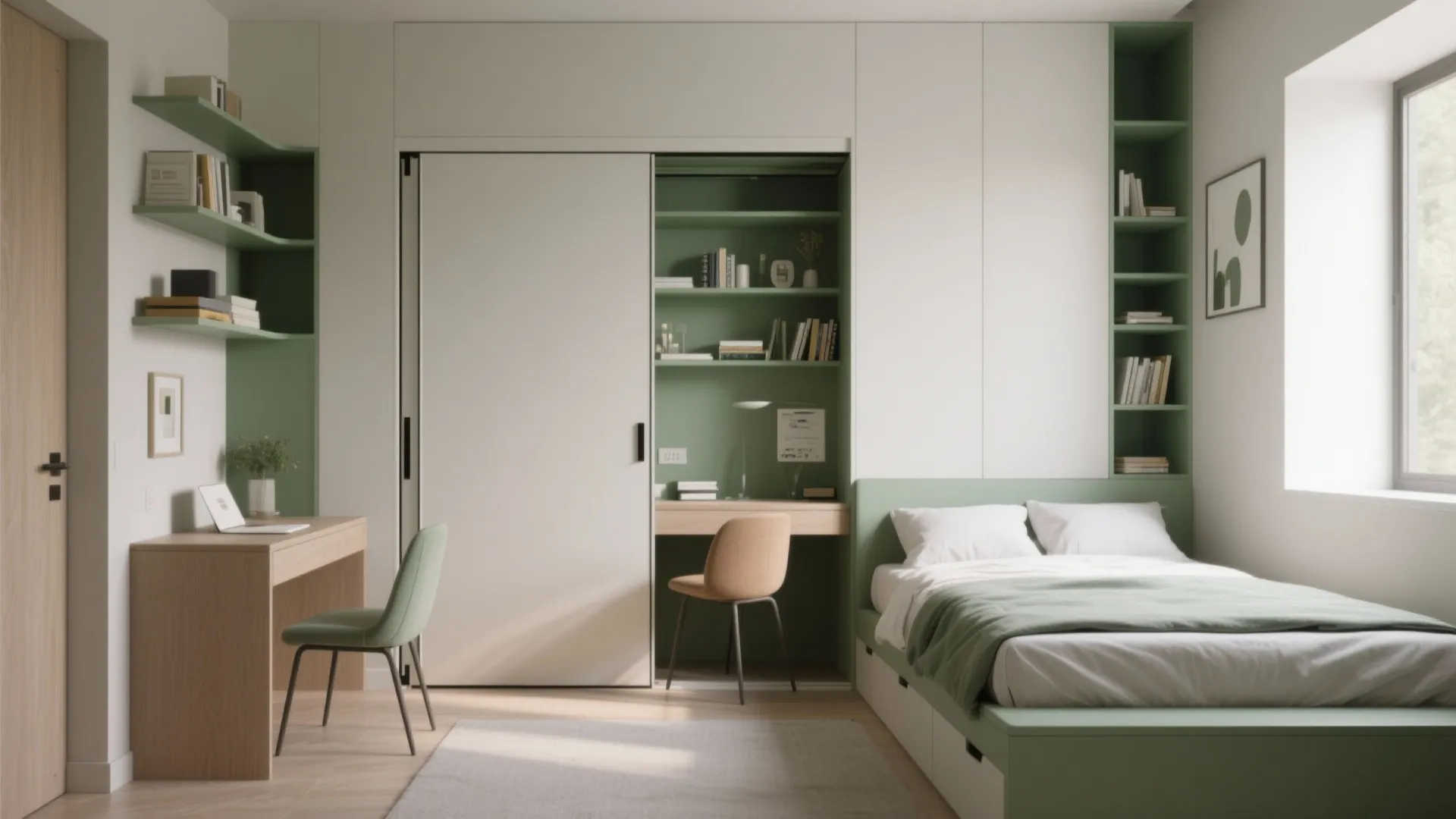 Multi-use bedroom with Murphy bed and built-in shelving functioning as office and guest room