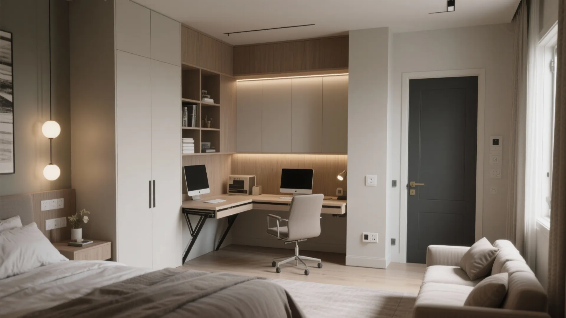 Flexible entry-adjacent room functioning as home office and guest suite with built-in storage
