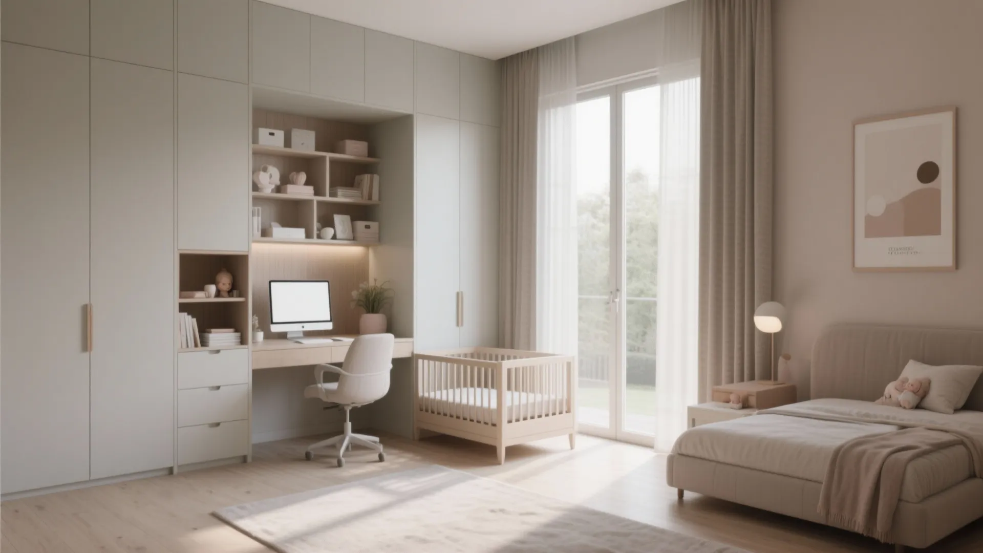 Flexible room with sliding doors and built-in storage serving as office or nursery.