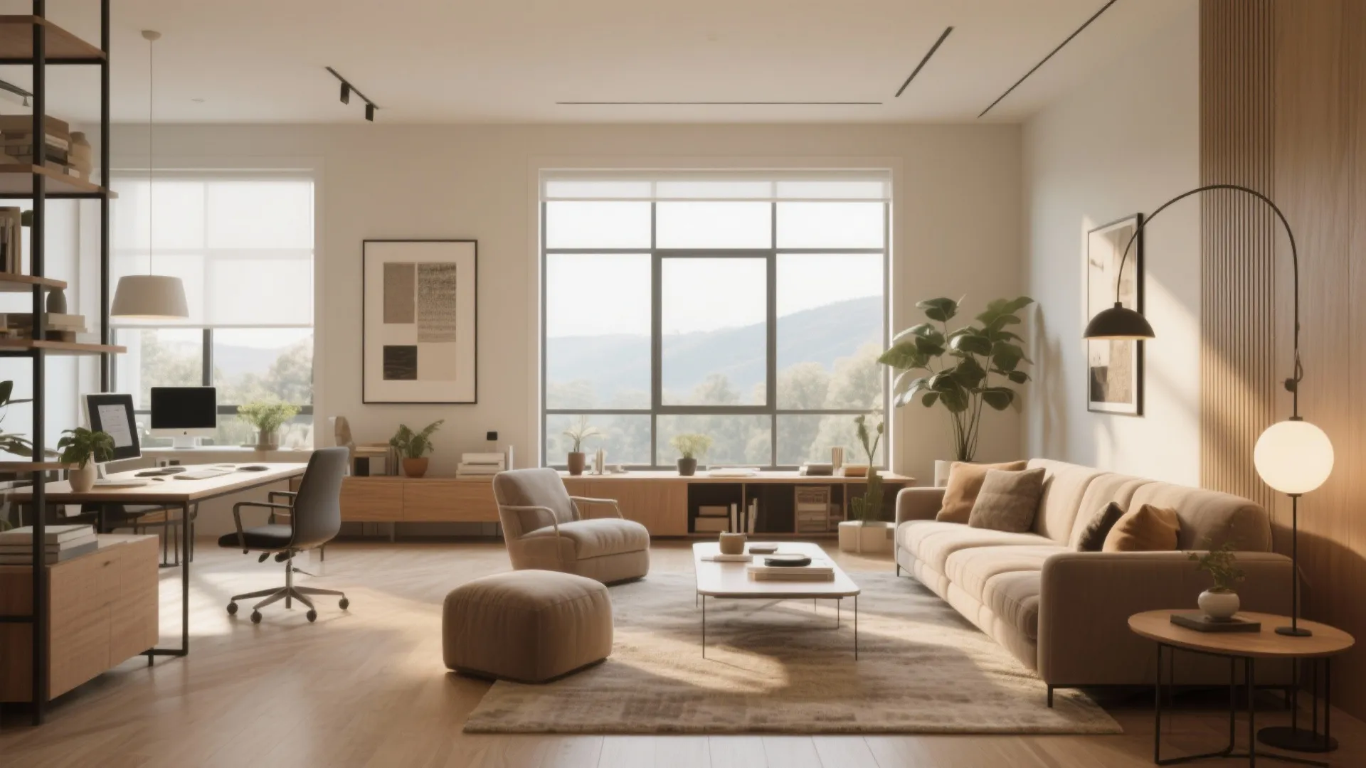Modern open living room including home office desk chair sofa coffee table and large bright windows