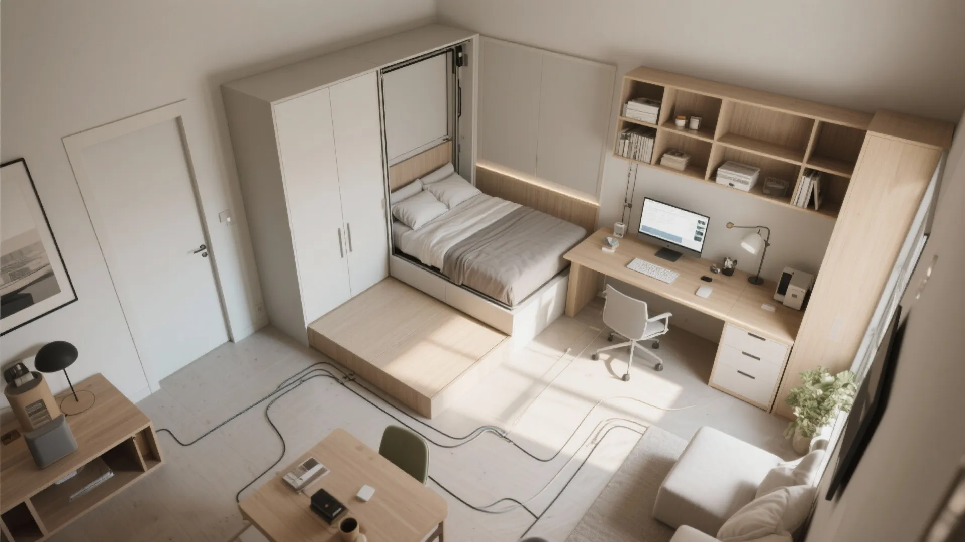 Top-down view of a flexible room with a Murphy bed and convertible desk illustrating multi-use layout