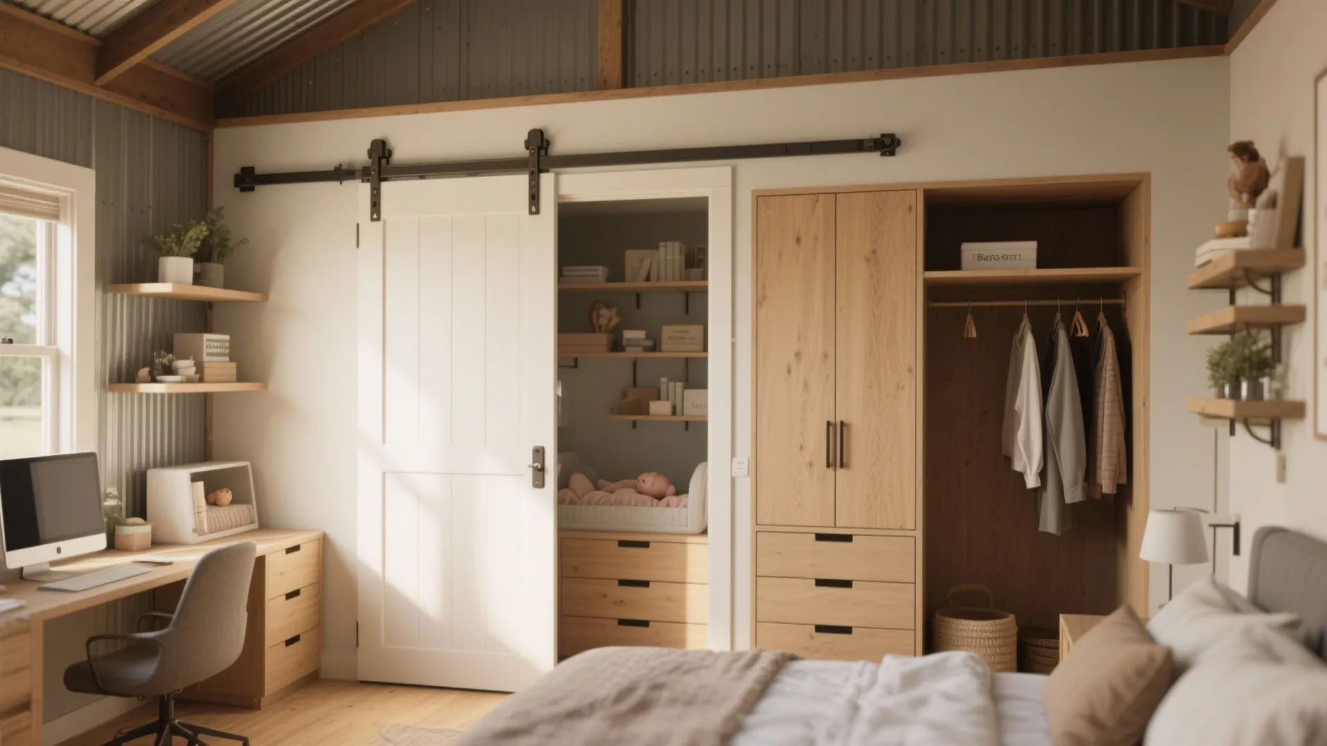 Modern bedroom with sliding barn door opening to a small nursery and wooden storage cabinet unit