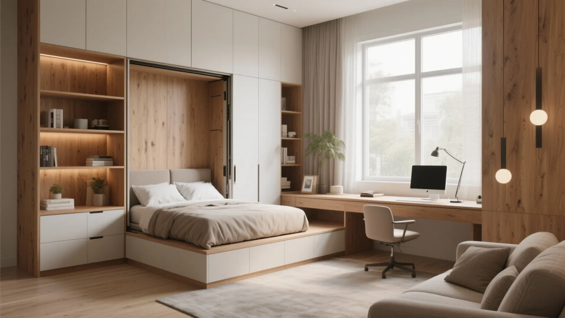 Flexible room with Murphy bed folded into built-in storage doubling as home office.