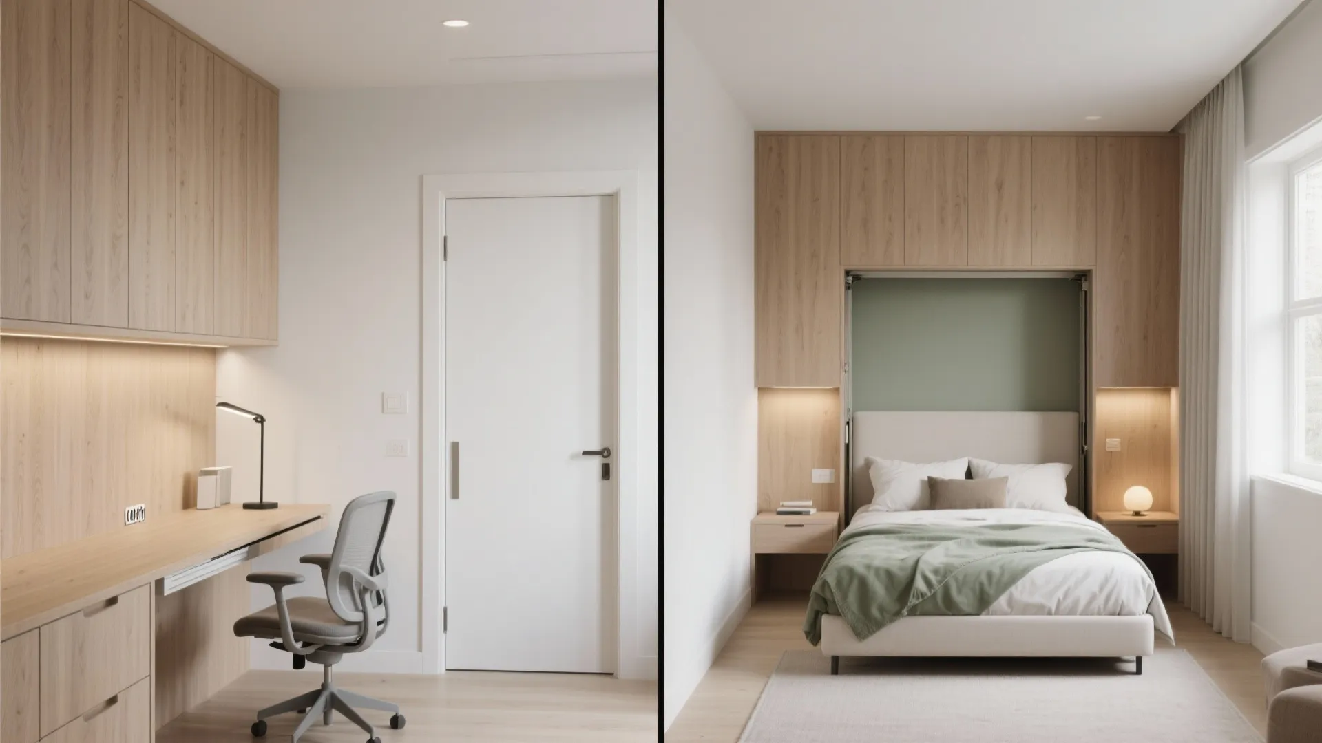 Side by side comparison of a home office desk and a bedroom with hidden bed