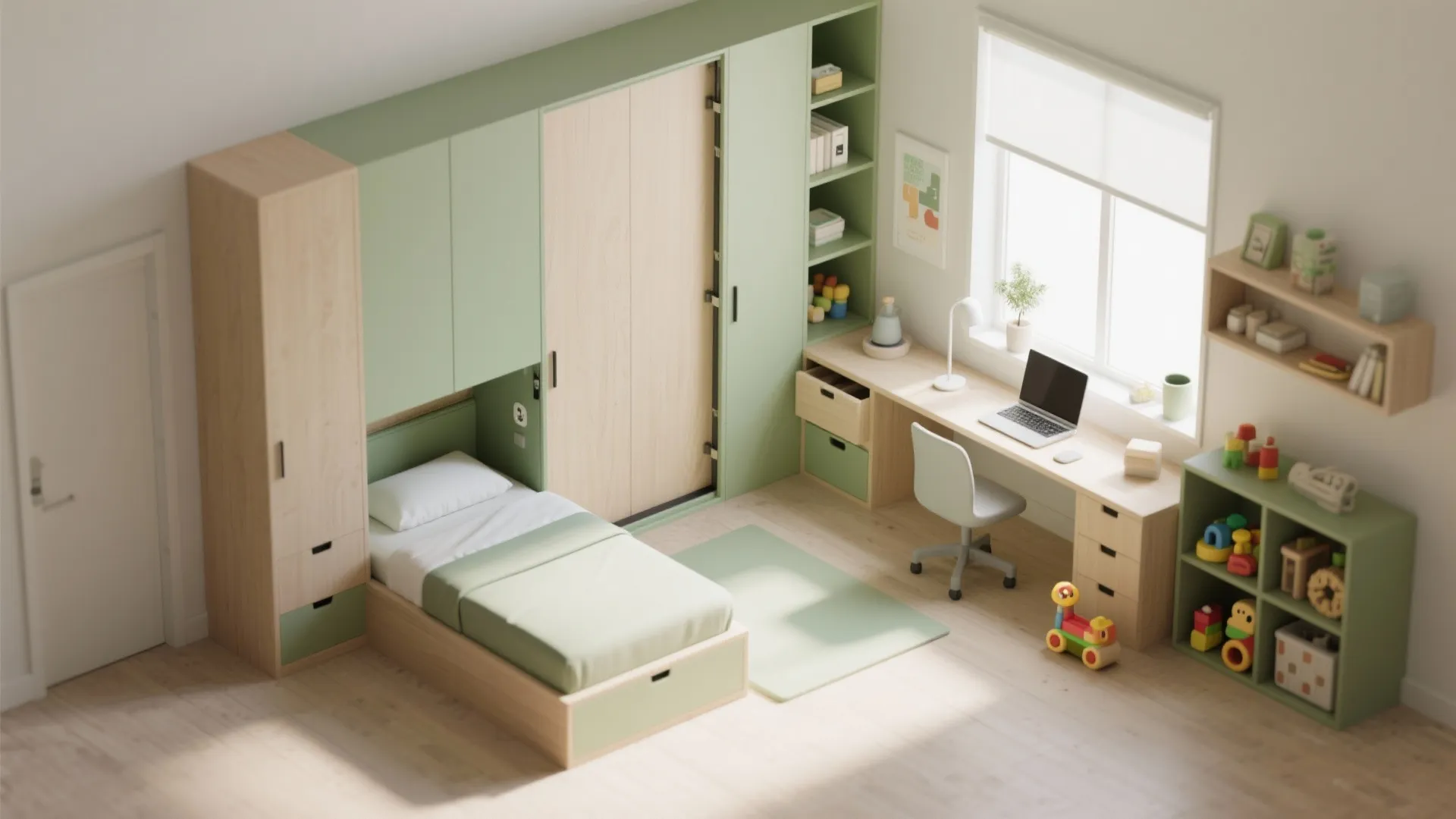 Top-down view of a flex room with Murphy bed, desk and built-in storage for multi-use function.