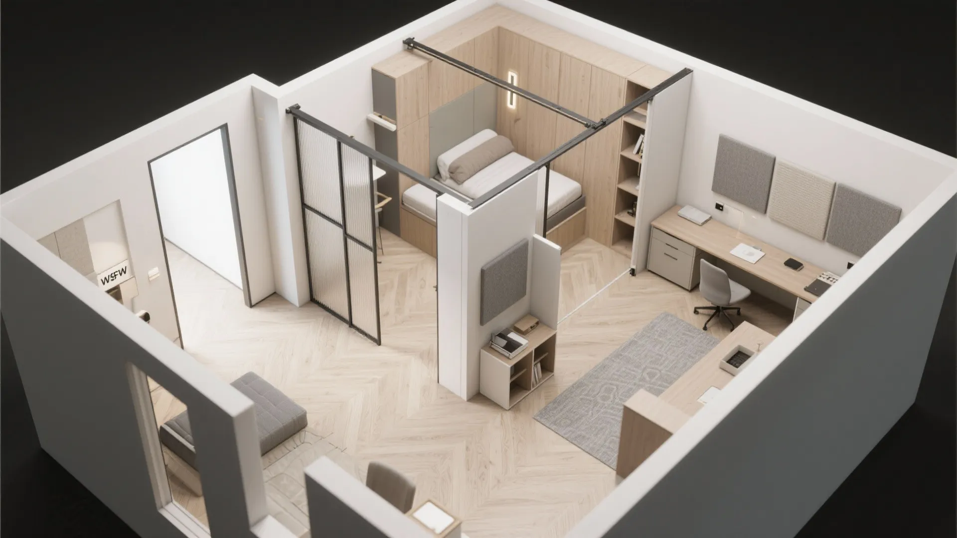 Flexible fourth room: study–guest–hobby with sliding partitions