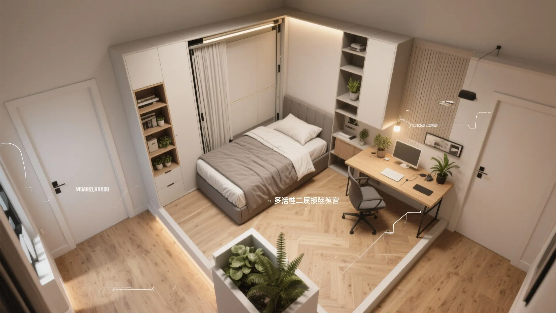 Top-down layout of a flexible bedroom with Murphy bed, foldable desk and modular shelves.