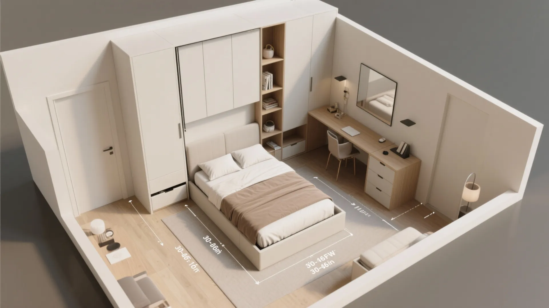 Modern bedroom interior design drawing showing bed desk and white cabinet with room layout dimensions