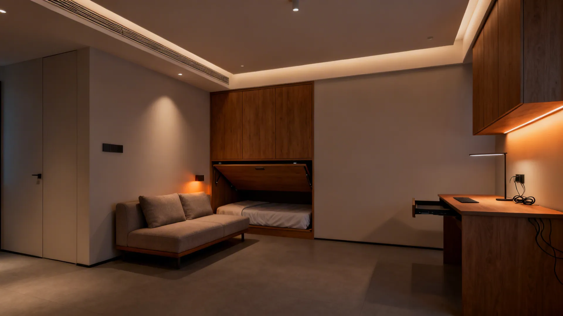 Modern room with a grey sofa and a hidden bed inside a large wooden cabinet