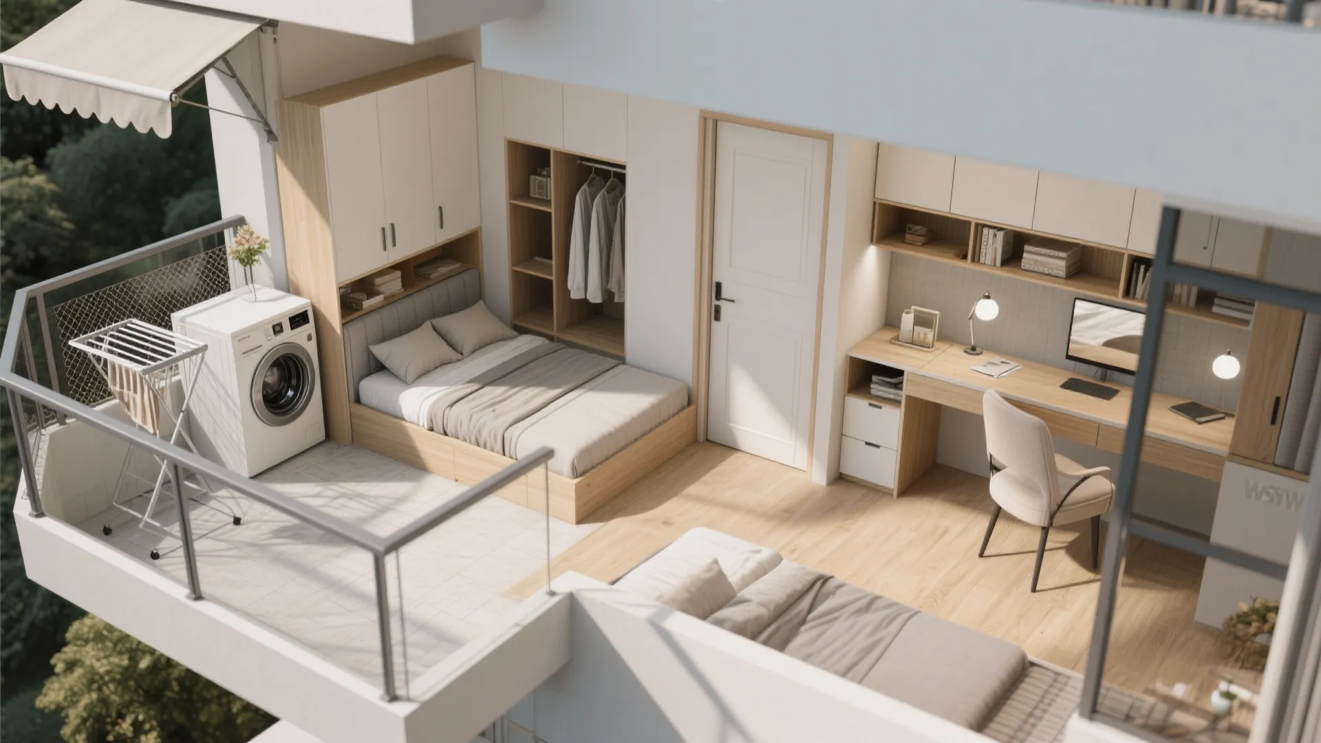 Flexible room planning: study-guest combo and a utility-smart balcony