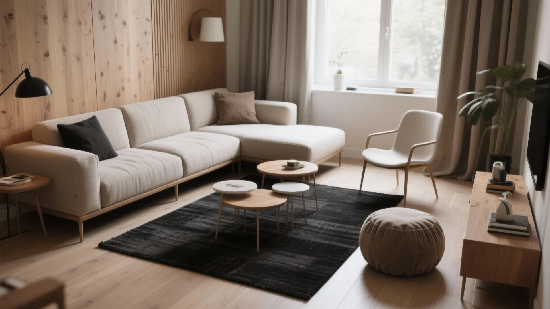 Flexible seating: L-shaped sofa and moveable pieces