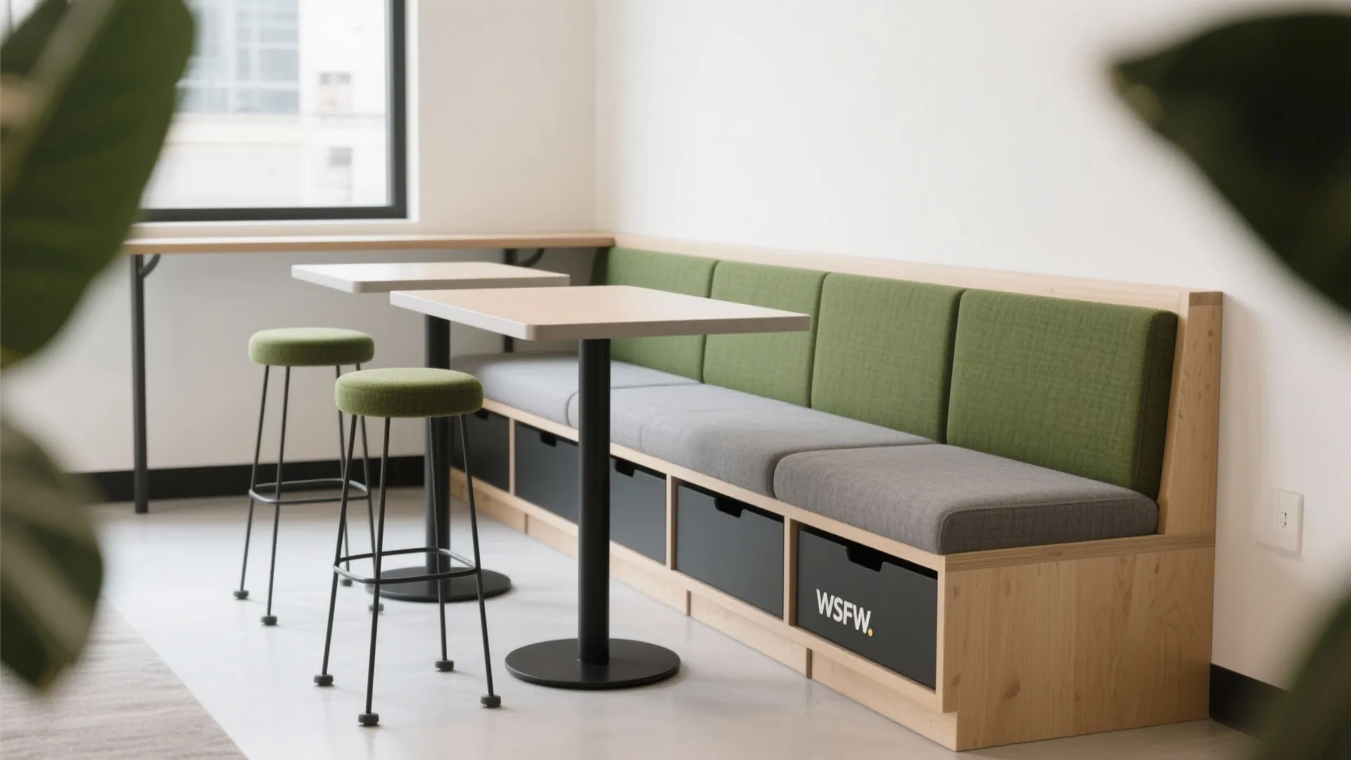 Flexible seating: banquette + perch stools for every rhythm
