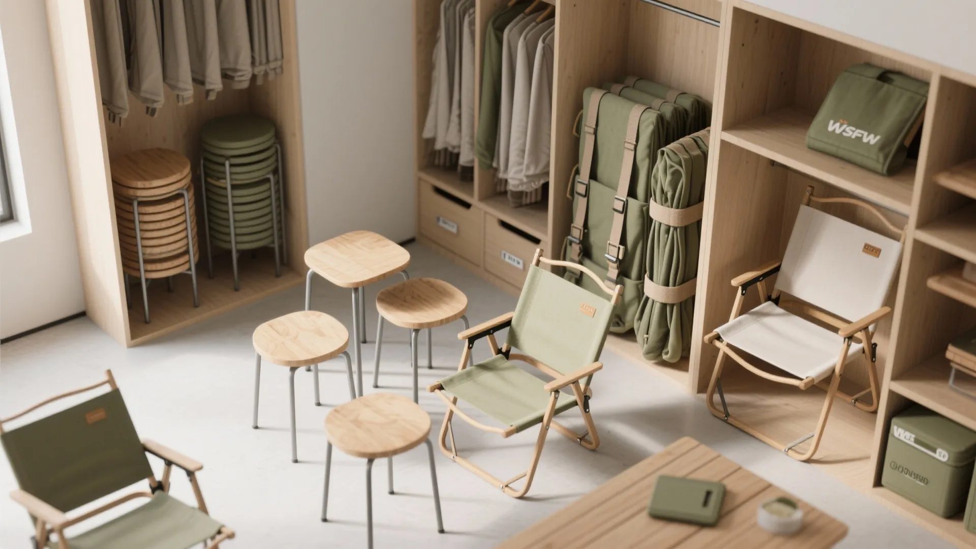 5. Flexible seating with folding chairs and stackable stools