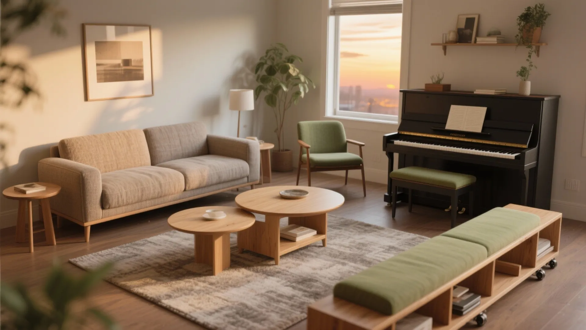 3) Flexible seating: armless sofa, nesting tables, and movable bench