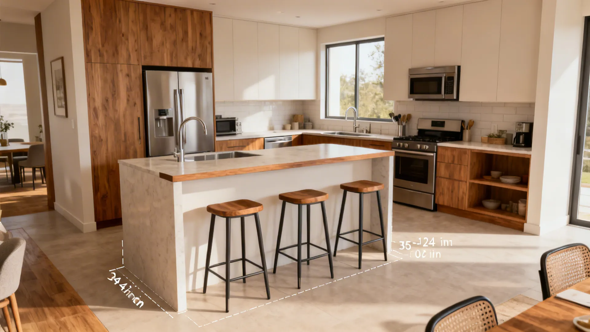 Modern breakfast bar with three stools, generous walkway clearance and balanced seating depths.