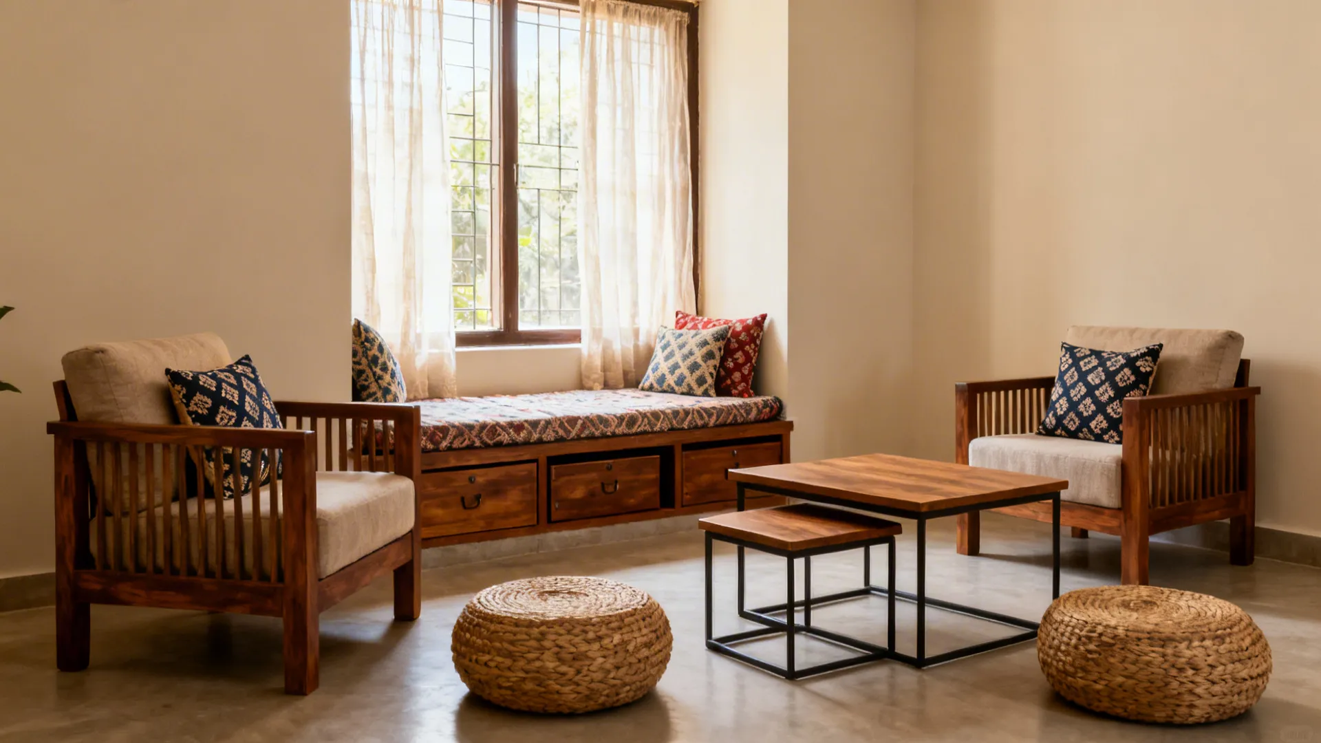 Compact living room with diwan by the window, woven poufs, and nesting tables