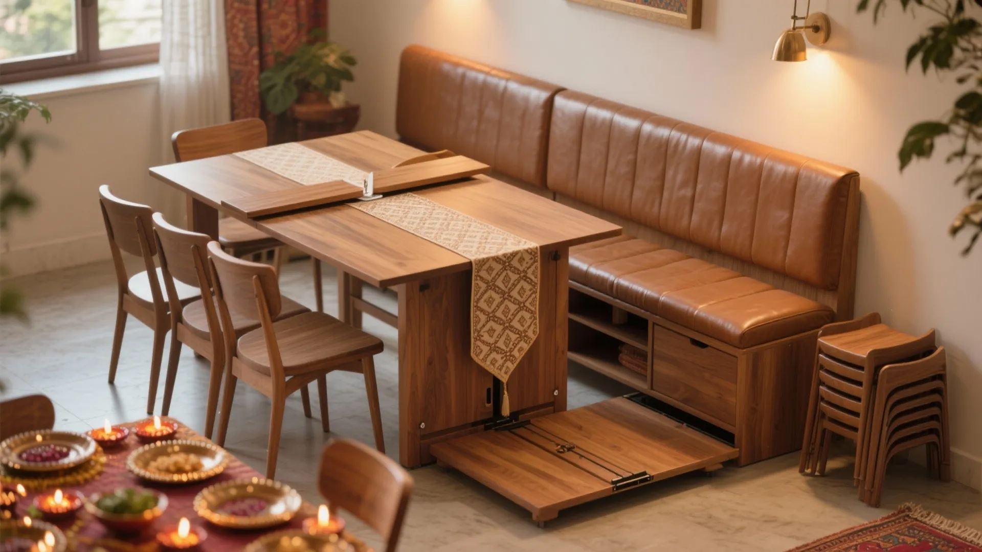 Extendable butterfly-leaf dining table with stackable chairs and a storage bench in a compact room.