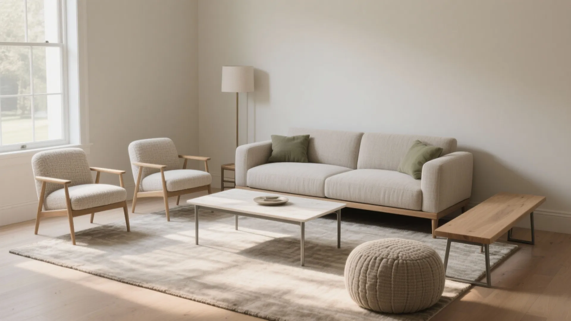 Modern living room with beige sofa wooden armchairs coffee table footrest rug and bright windows