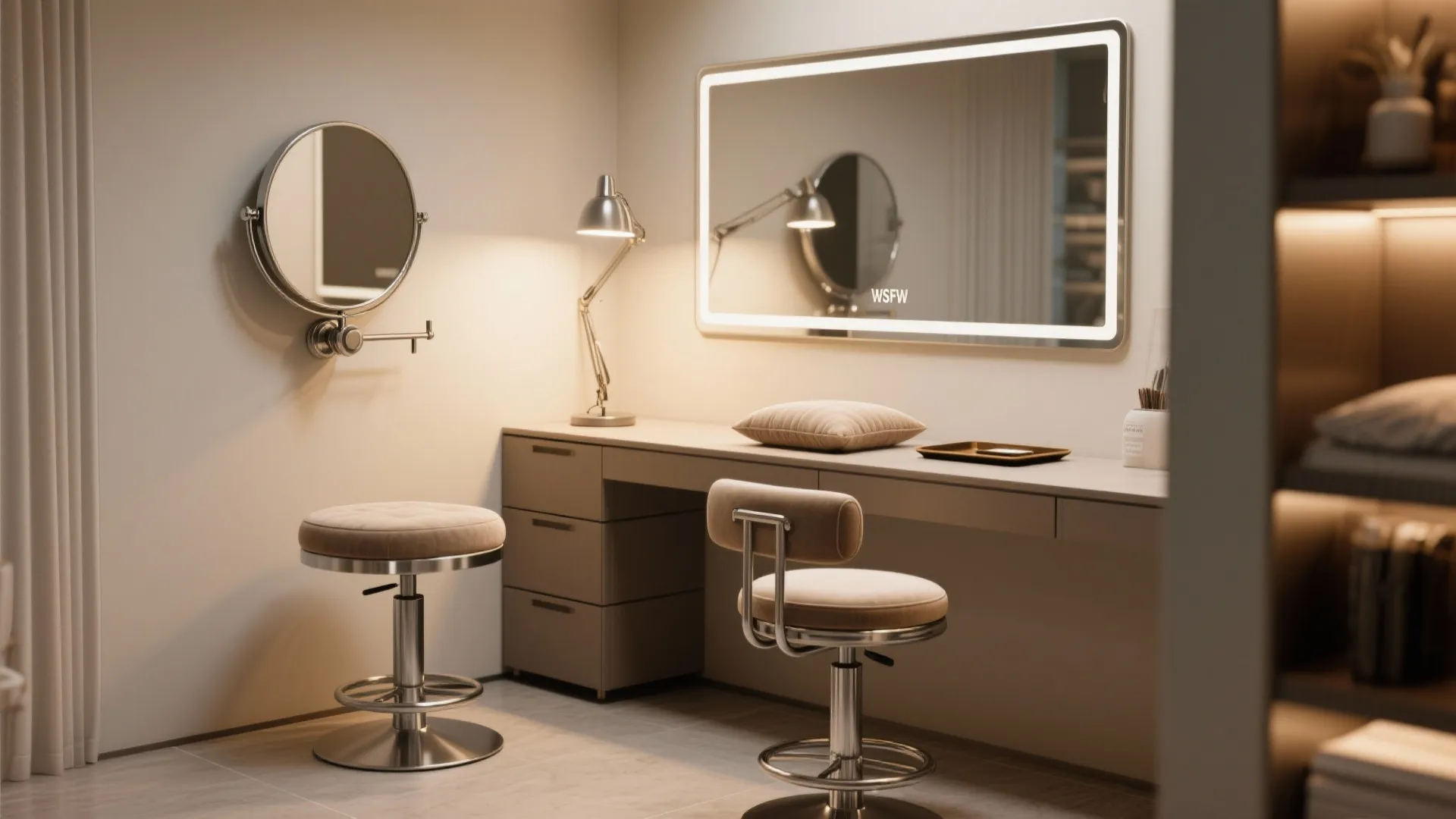 Makeup room interior design drawing with a long desk two round chairs and large lighted mirror