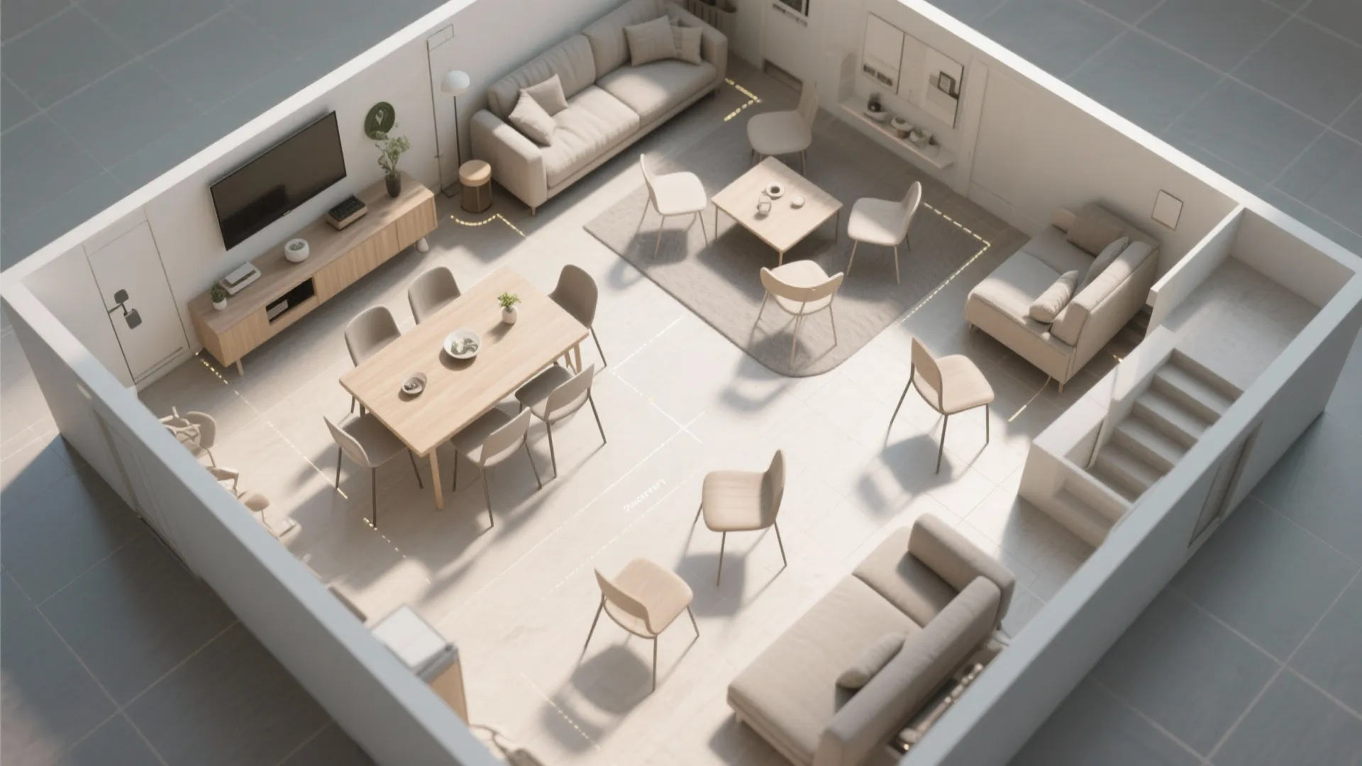 Modern apartment interior design drawing showing a spacious room layout with sofas and dining area