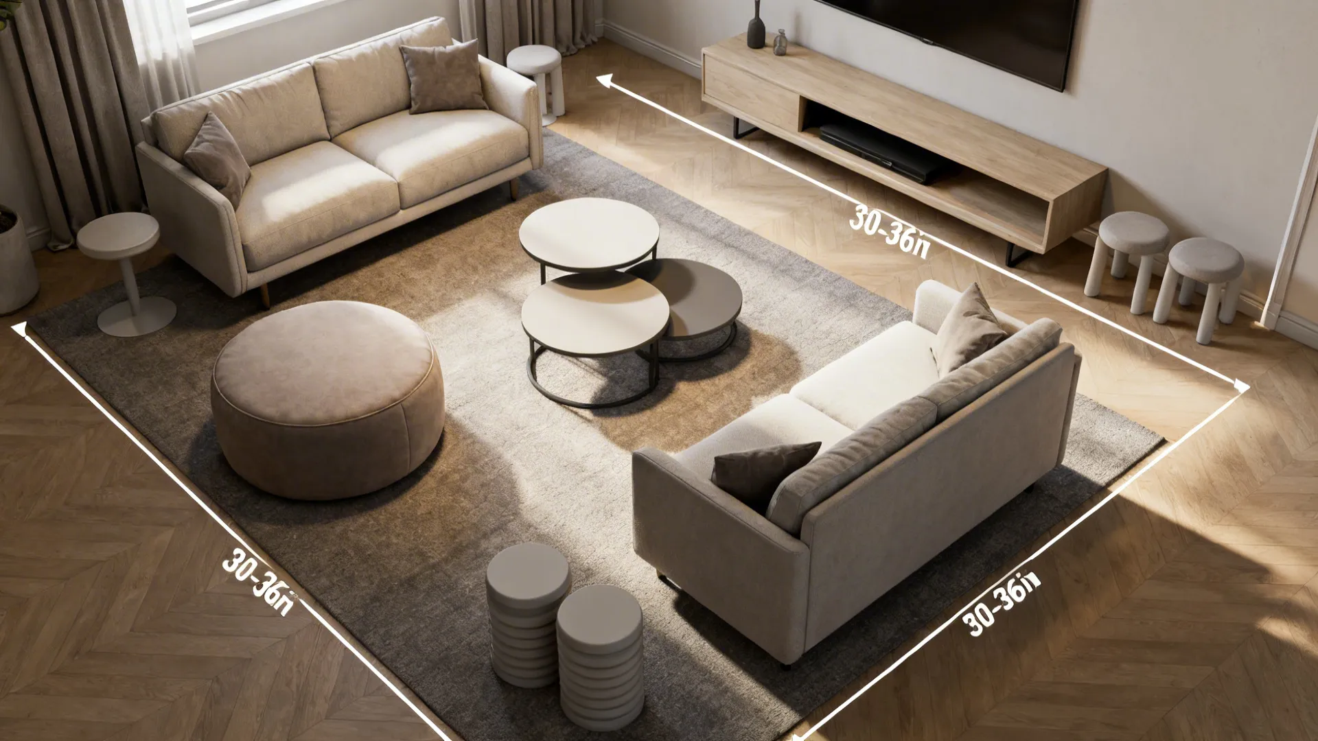 Top-down plan of flexible seating zones with clear traffic paths in a small drawing room.