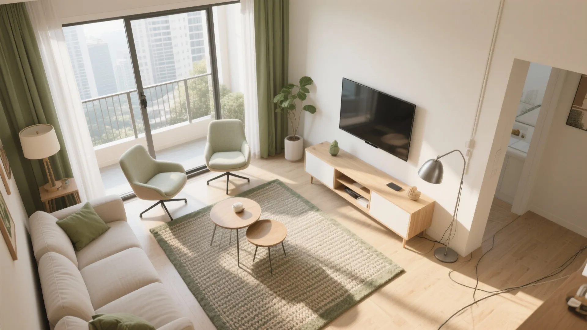 Bright living room layout with sofa green chairs wooden cabinet tv and city balcony view