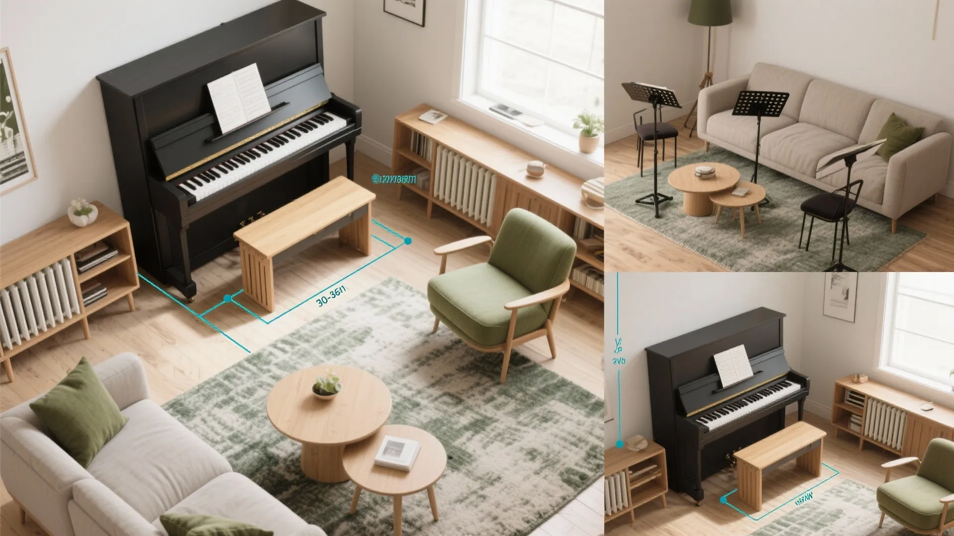 3) Flexible seating: armless sofa, nesting tables, and movable bench