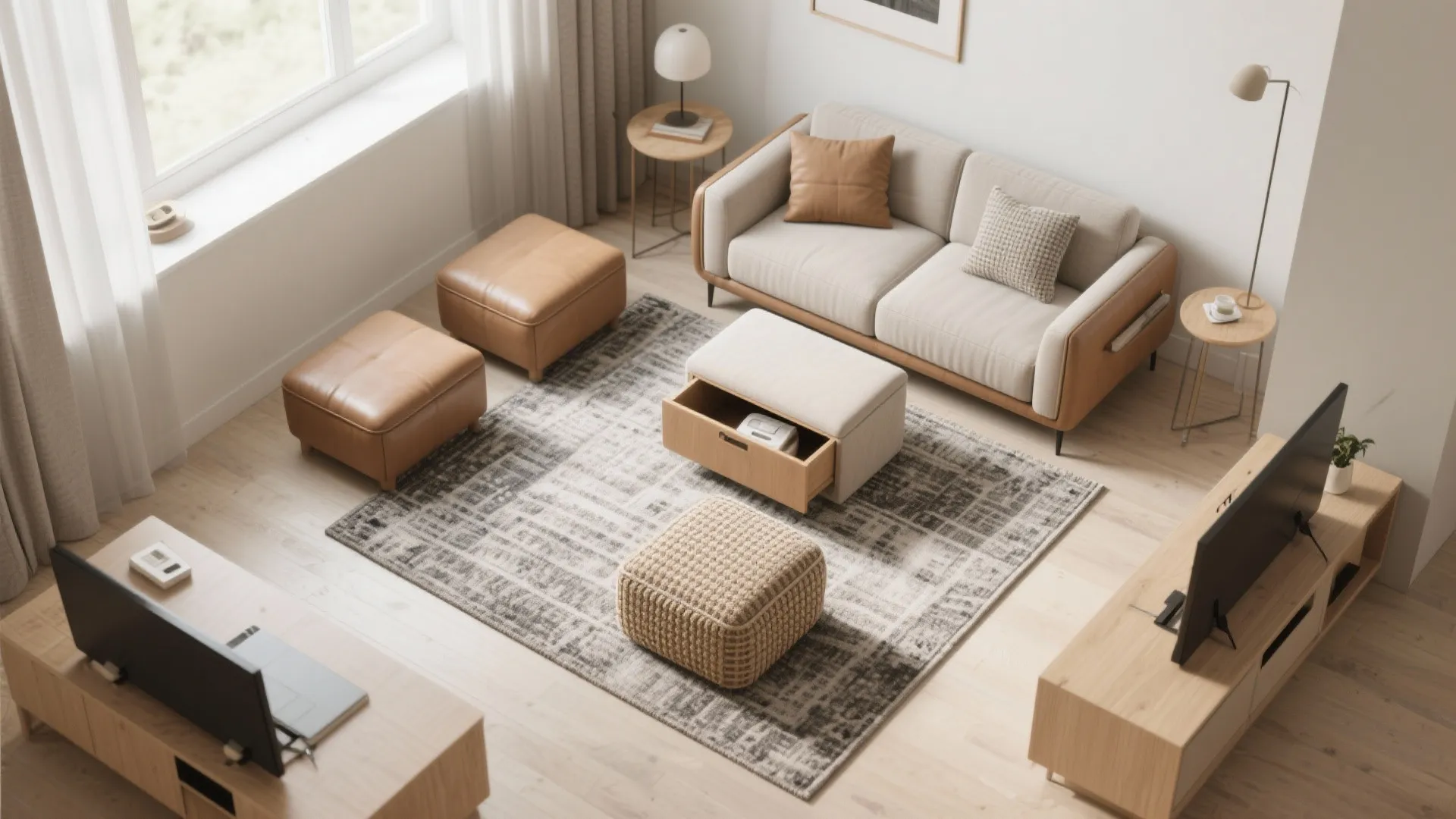 3) Flexible seating: nesting, stacking, and ottomans with storage