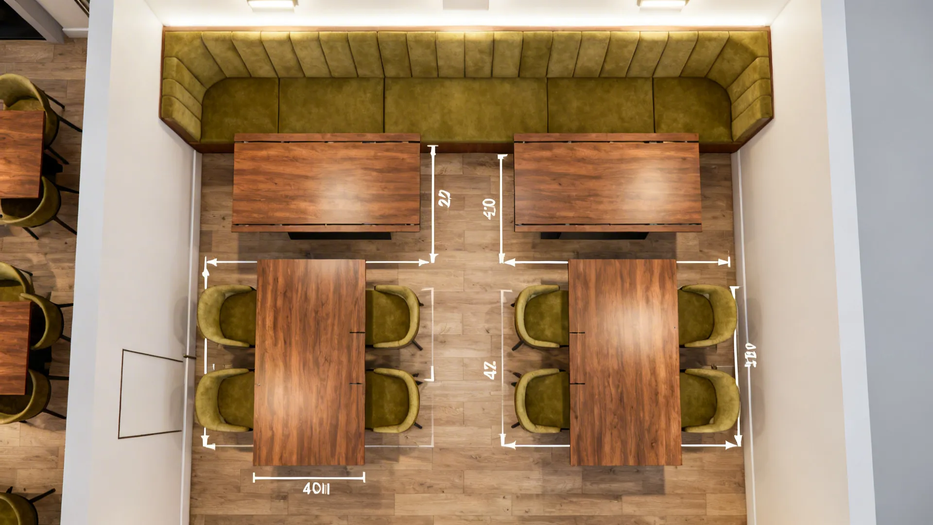 Top-down view of a private dining room with banquette seating and modular leaf tables in two layouts.
