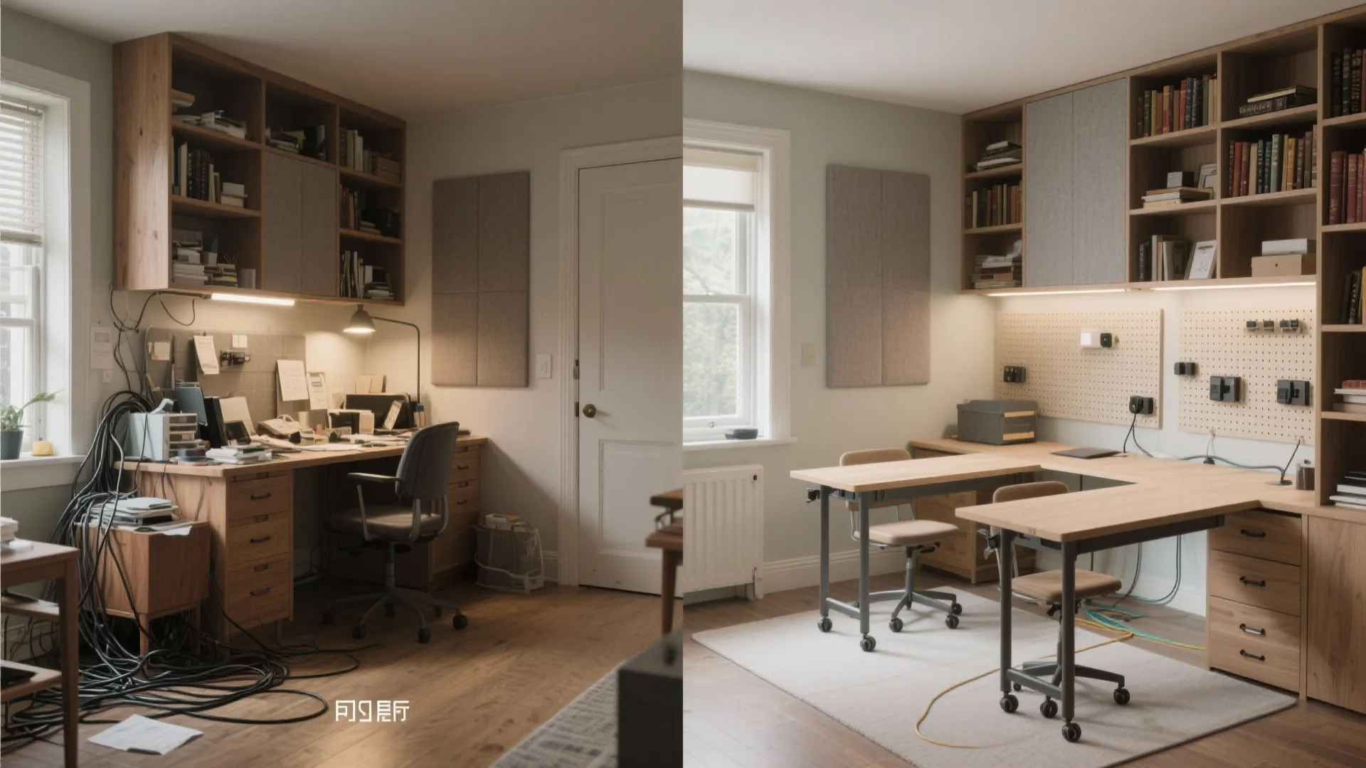 Before and after comparison showing a messy home office transformed into a clean organized workspace layout