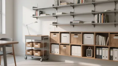 Organized Home Office with Open Shelving & Mobile Storage