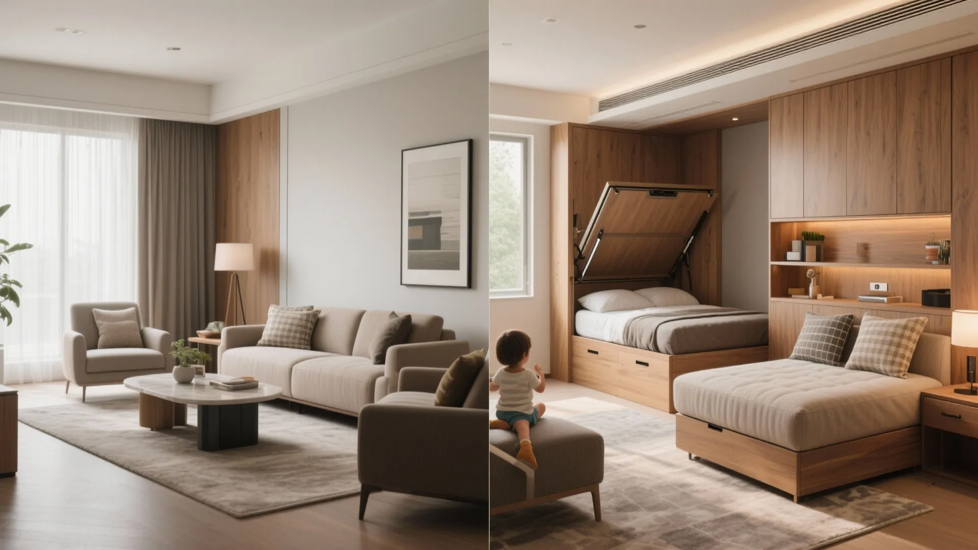 Before and after view showing sofa layout and deployed Murphy bed for flexible sleeping.
