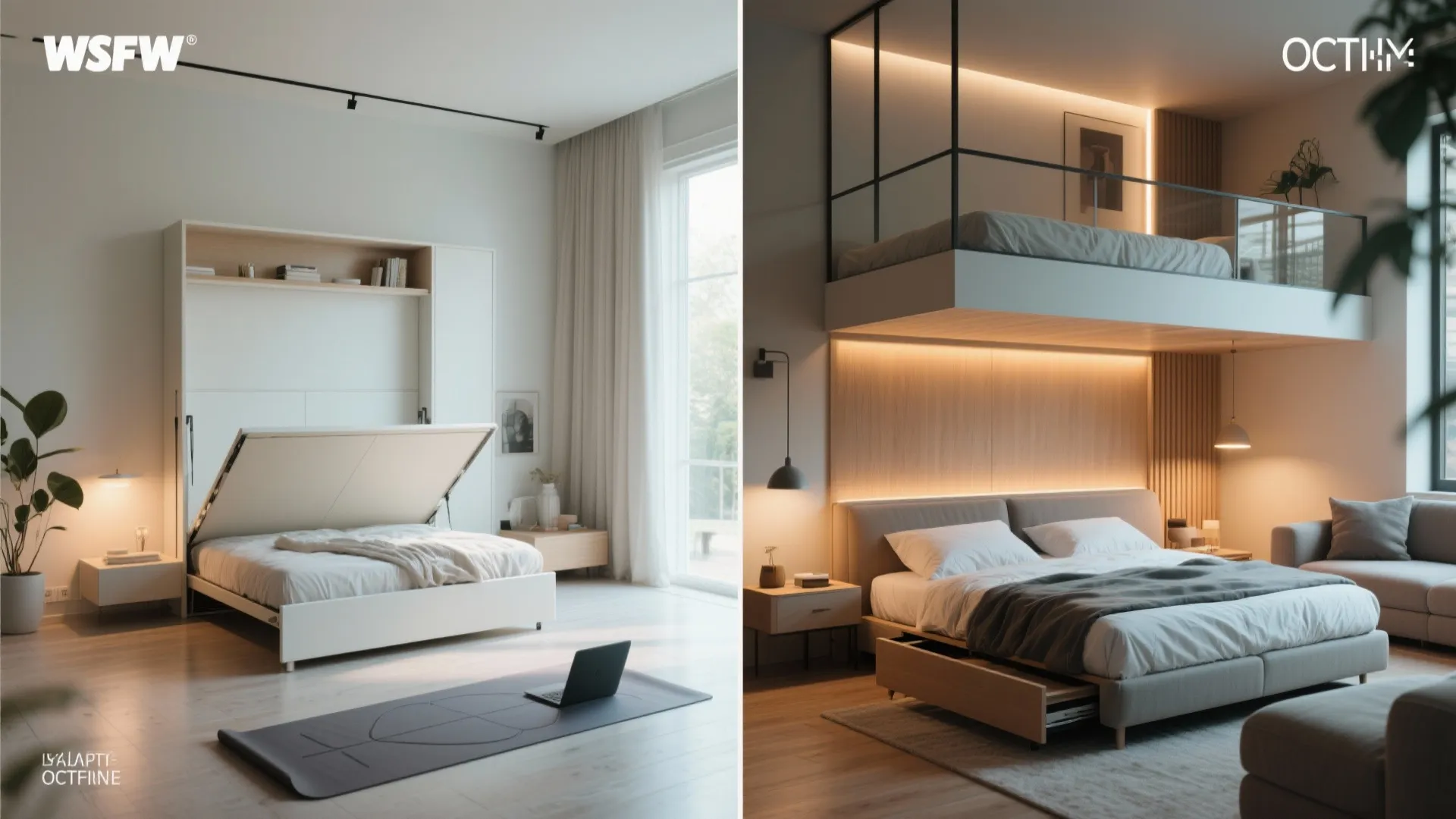 Before-and-after view of a flexible guest room showing folded Murphy bed and then deployed bed with layered bedding.